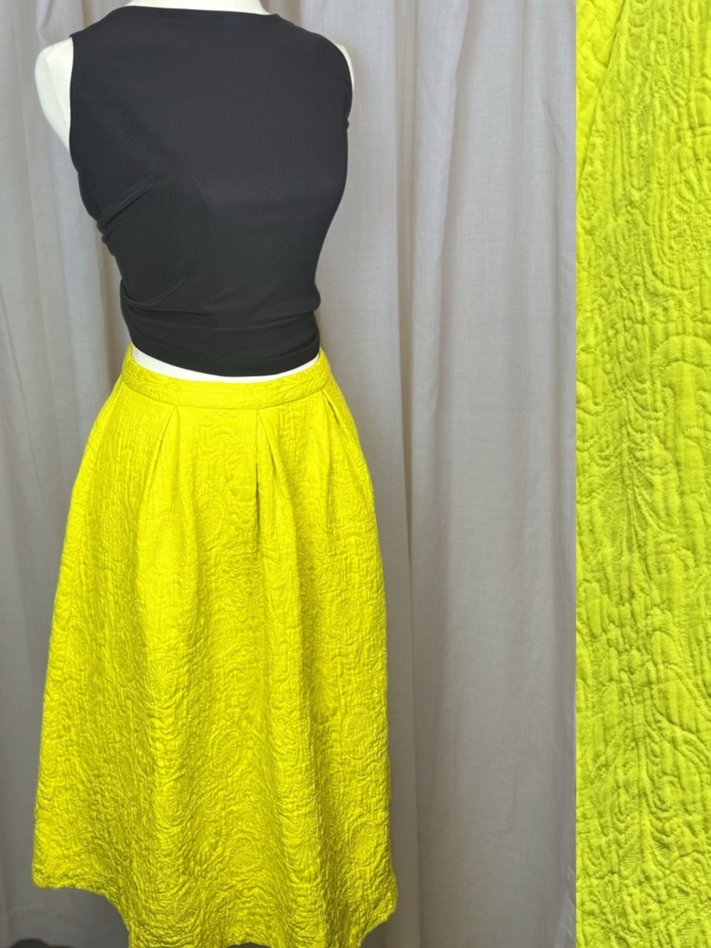 Topshop Textured A-Line Midi Skirt Yellow retro quilted pockets pleated size 4